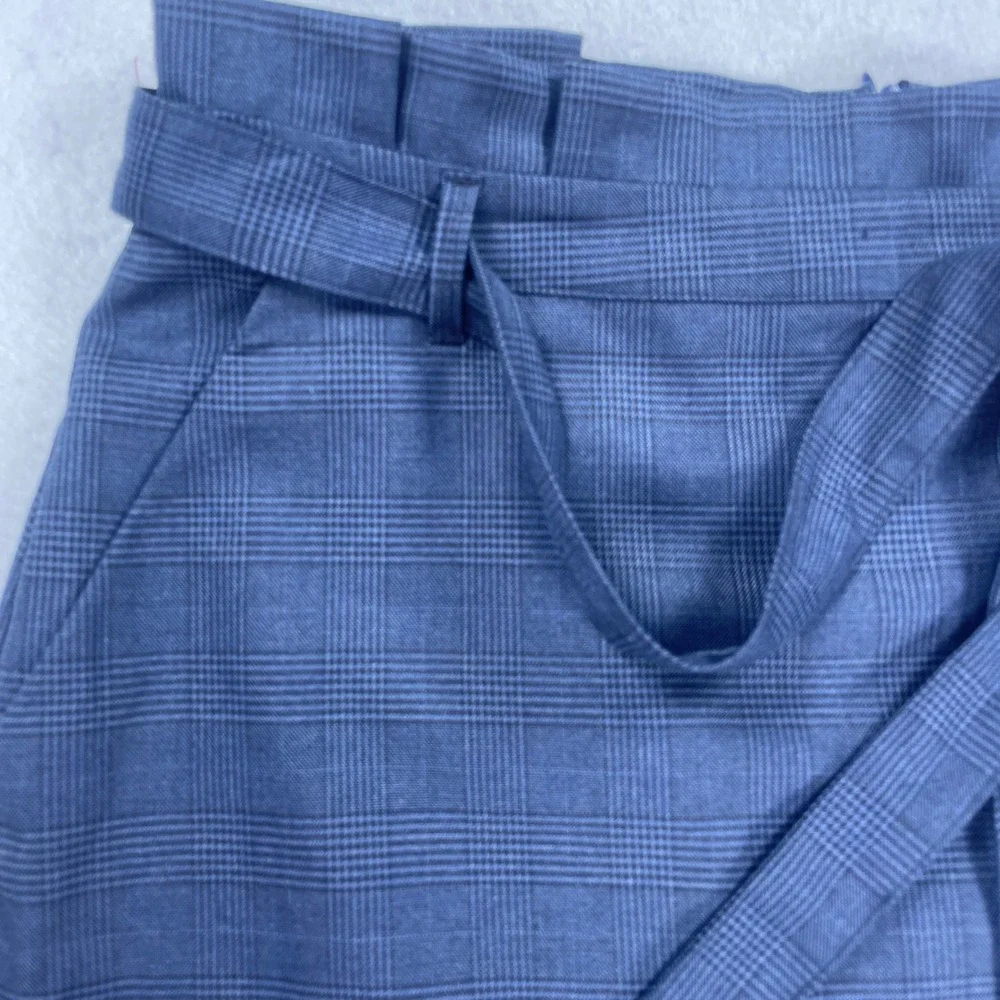 Blue Glen Plaid Paper Bag Waist Pencil Skirt with Belted Tie and Back Vent